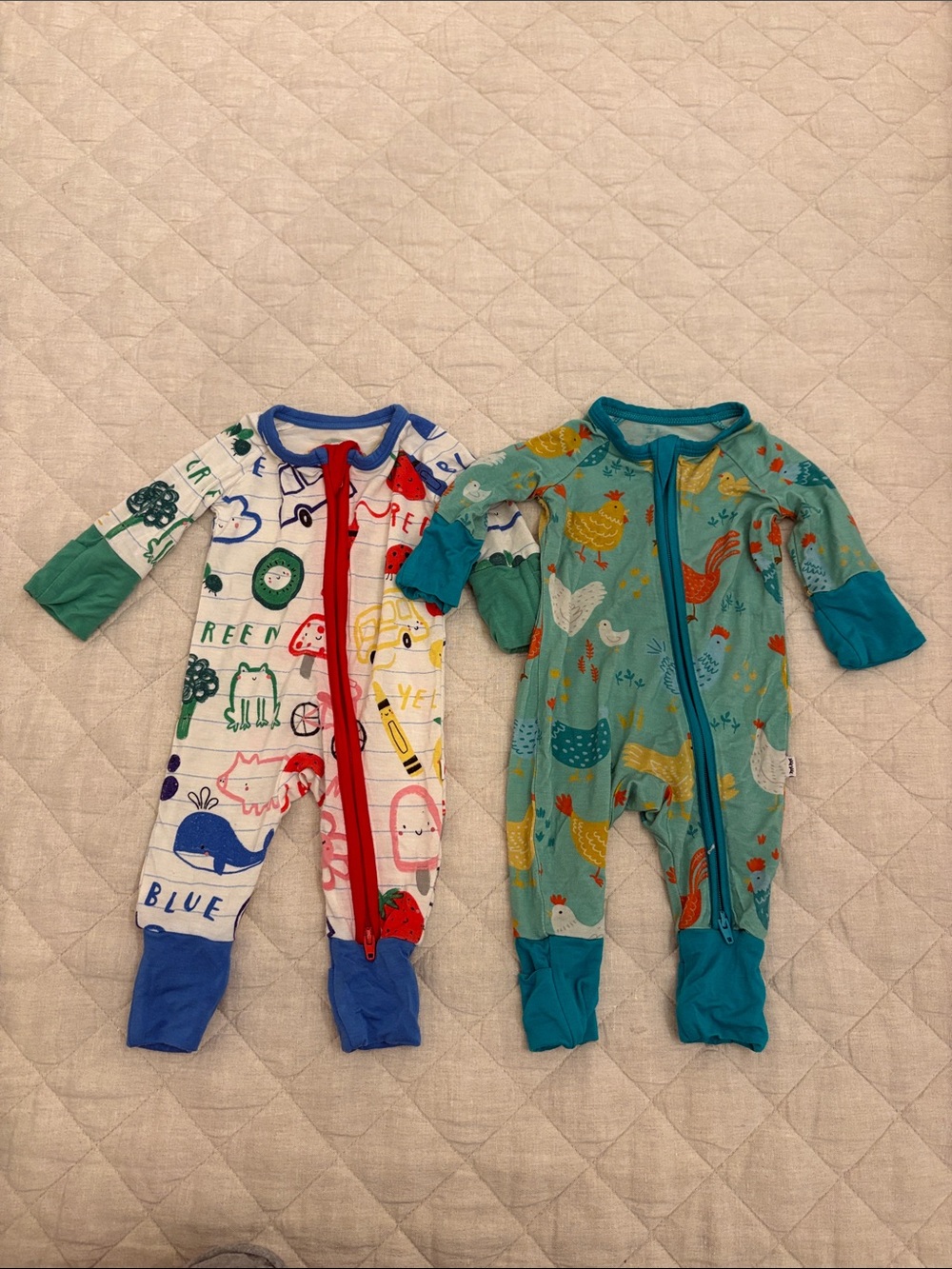 Little Sleepies Multicolor Scribble + Teal Chick Zip Front Footies